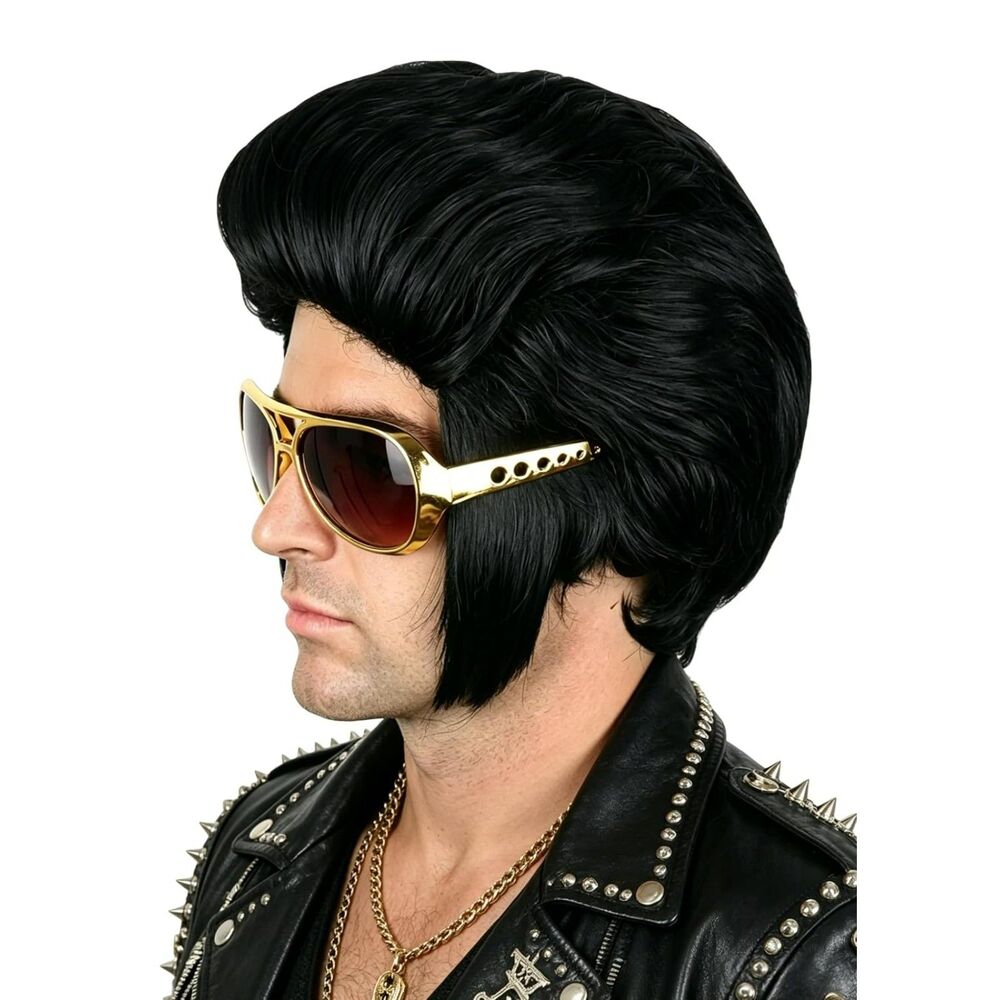 Topcosplay Men Black Short Wig & Glasses Cosplay Halloween Costume Funny Wig